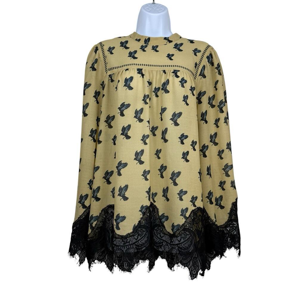 Max Studio Top Women Tan Black Lace Trim Crow Print Whimsigoth Witchy Boho Sheer - Picture 2 of 13